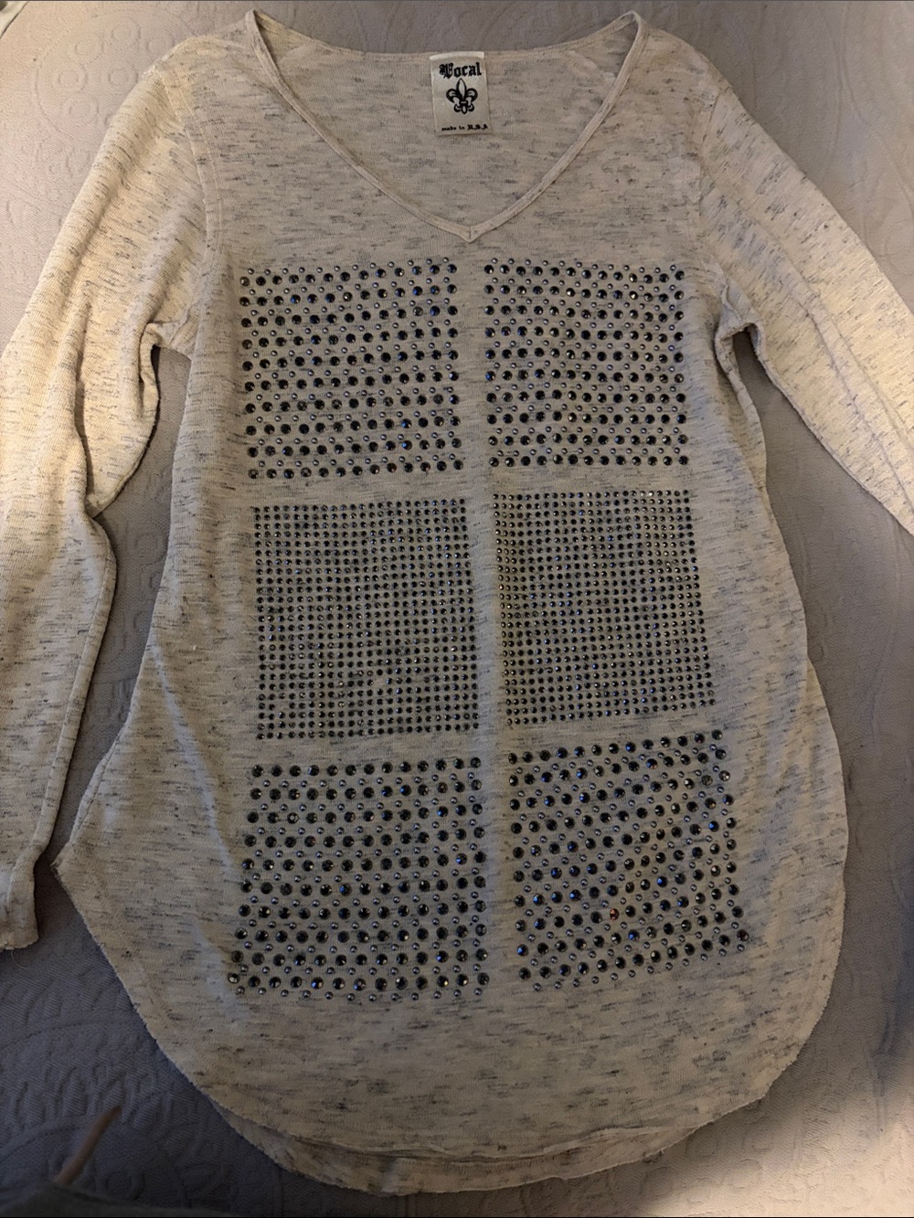 Vocal Cream V-Neck Studded Knit Sweater